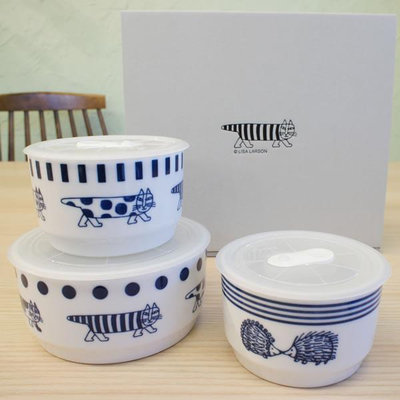 日本製 Lisa Larson 陶瓷保鮮盒 3入/組 保鮮碗 氣密 貓咪 刺蝟 禮物＊小容容＊