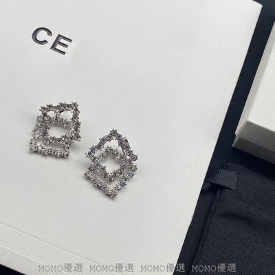現貨-CELINE 風氣質超閃前后式方形鋯石設計耳環棱形韓國925銀針耳釘簡約