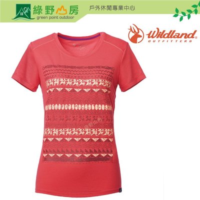 綠野山房》Wildland 荒野 女 彈性棉感抗 UV 印花上衣 圓領T恤 休閒短袖上衣 瑪瑙紅 0A61607-25