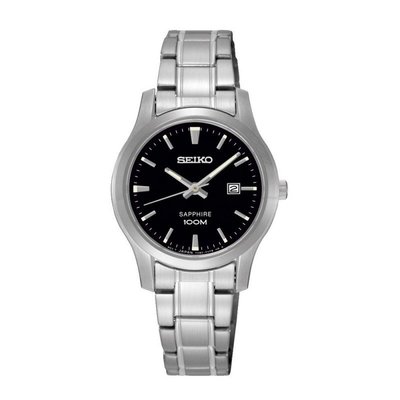 【金台鐘錶】SEIKO 精工 女錶 石英錶 不鏽鋼錶帶 黑色錶盤 (藍寶石水晶鏡面) SXDG63P1