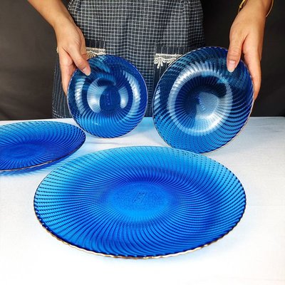 歐式果盤玻璃輕奢ins高顏值水果盤子商用水果盤KTV金邊藍色~特價