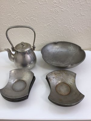 【日本古漾】120307日本薩摩正錫製 老件 錫壺+茶托+茶海  少件老物