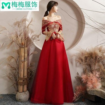 敬酒服新娘新款設計感小眾紅色長款結婚禮服女中國風~~梅梅服飾