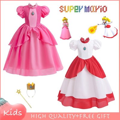 Super MARIO 桃子公主角色扮演粉色白色連衣裙兒童女孩萬聖節服裝花式派對舞會禮服嬰兒衣服-麥德好服裝包包