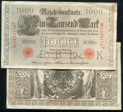 GERMANY(德國紙幣），P44b，1000-MARK，1910，品相極美XF+ 紅軌