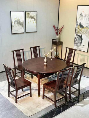 【二手】新中式實木餐桌椅組合家用帶盤圓桌1.3m1.5m4516【百草巷】圓雕 根雕  檀木