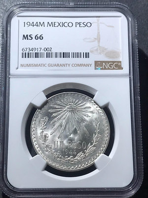 NGC MS66分1944年墨西哥鷹洋銀幣1比索