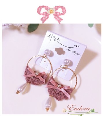[韓國空運]現貨*甜美粉布蝴蝶結造型珍珠耳還