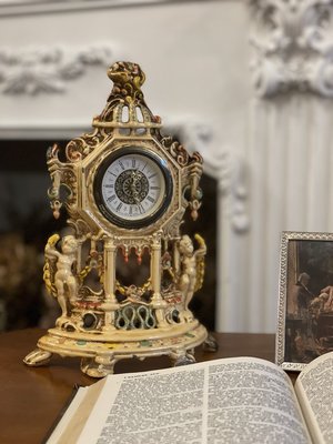 德國古董手工金屬搪瓷天使雕塑機械發條時鐘  #023243