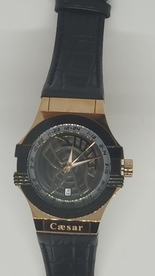 【成吉思汗精品】Casar凱撒凱薩石英錶黑色鏡面黑色皮錶帶帶日期玫瑰金邊框型號G3211Z