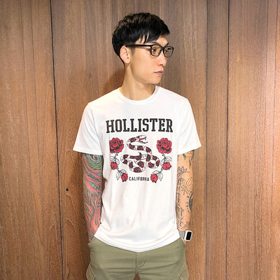 美國百分百【全新真品】Hollister Co. 短袖T恤 HCO 玫瑰蛇 T-shirt 男 logo 白色 AH08