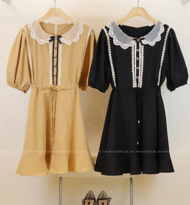 【莉莎小屋】💝正韓 Korea 春款新品(代購)✈波浪蕾絲紗領半排扣洋裝👚👖E890416