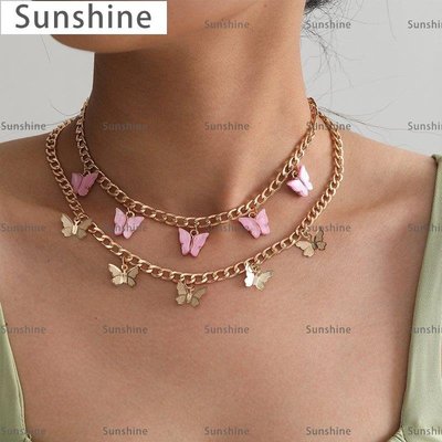 [Sunshine]簡約時尚粉色蝴蝶項鏈套裝 歐美街頭潮款百搭蝴蝶掛墜雙層鎖骨鏈