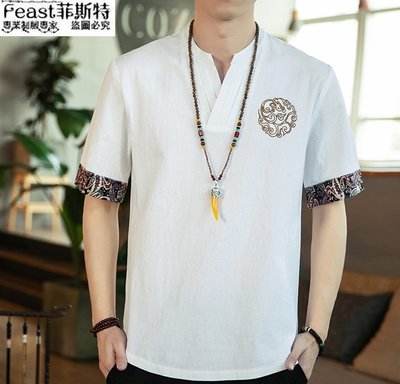 【Feast-菲斯特】-中國風夏季短袖T恤 棉麻大碼寬鬆刺繡t恤 A02