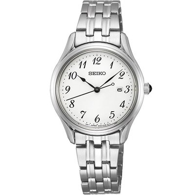 【台南 時代鐘錶 SEIKO】精工 SUR643P1 大三針 數字 日期顯示 鋼錶帶女錶白 30mm