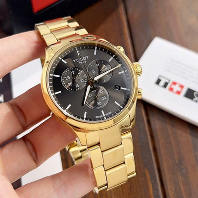 TISSOT Chrono XL 黑色面錶盤 金色不鏽鋼錶帶 石英 三眼計時 男士手錶 T1166173305100