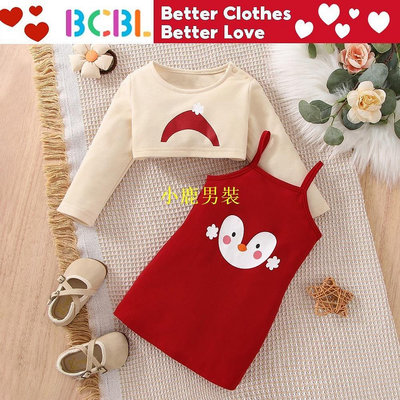 聖誕女嬰連衣裙 3 24 個月企鵝圖案吊帶連衣裙和長袖上衣 2 件嬰兒衣服套裝女嬰紅色連衣裙 可開發票