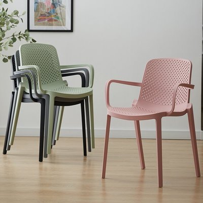 【熱賣下殺】北歐塑料椅子靠背家用加厚戶外休閑椅帶扶手現代簡約凳子成人餐椅