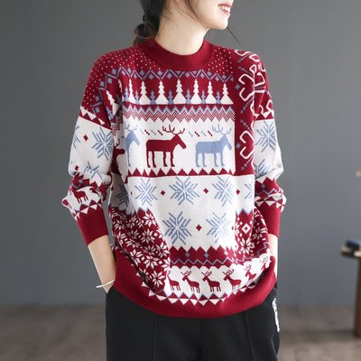 現貨熱銷-代勒原創冬季新款文藝復古圣誕節快樂紅色針織毛衣女百搭顯瘦上衣