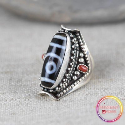 S925銀復古工藝鑲嵌天珠銀飾戒指批發男女民族風食指指環