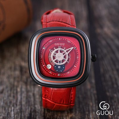 新款手錶女 百搭手錶女GUOU歐美風潮牌大錶盤方形男女錶潮流時尚防水石英錶男士皮帶腕錶