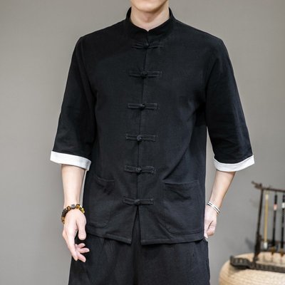 中國風唐裝復古盤扣襯衫中式七分袖棉麻襯衣復古裝短袖男裝上衣服
