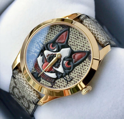 GUCCI G-Timeless Dog 圖樣錶盤 米棕色雙G帆布皮革錶帶 石英 男士/女士石英手錶 YA1264057