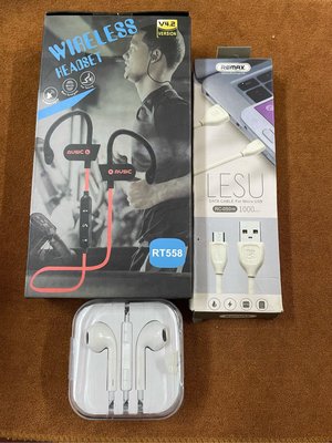 運動型藍芽無線耳機+安卓充電線+蘋果耳機特價出清（a087)