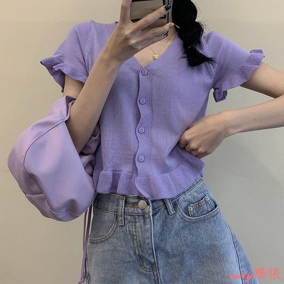 春裝新款韓版v領短袖針織衫女外穿百搭紫色短版小外套上衣外套   焱