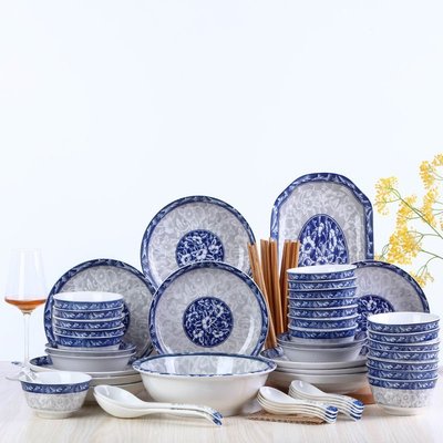現貨熱銷-88件碗碟套裝 盤子魚盤大號面湯碗盤組合 家用吃飯碗筷青花瓷餐具