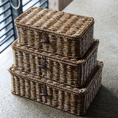 桌面收納盒 歐式仿藤編織帶蓋儲物盒輕奢禮品盒首飾盒子