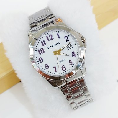 日本Tivolina大圓白面不鏽鋼手錶40mm/藍紫色數字時標/精簡俐落/藍寶石水晶鏡面/銀鋼帶/特價