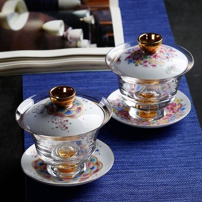 陶瓷三才蓋碗描金邊玻璃大號茶碗琺瑯彩手繪浮雕泡茶碗白瓷敬茶碗~優惠特價