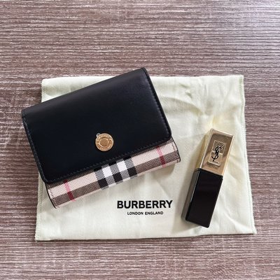 Burberry Vintage牛皮拚帆布釦式三折短夾(8057976-黑)