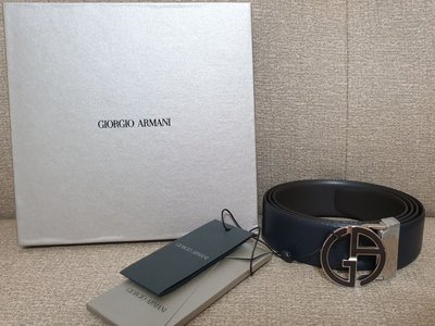 義大利 GIORGIO ARMANI 深藍 黑 牛皮 荔枝紋 雙面兩用 115cm 可剪裁