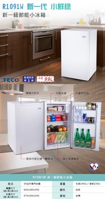 TECO 東元99公升 能效1級 節能省電 小鮮綠單門小冰箱 R1091W