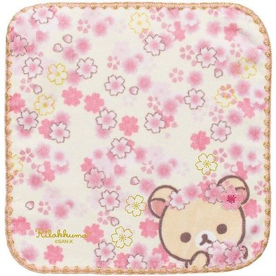 日本SAN-X 限定拉拉熊/牛奶妹櫻花粉刺繡方巾手帕--秘密花園