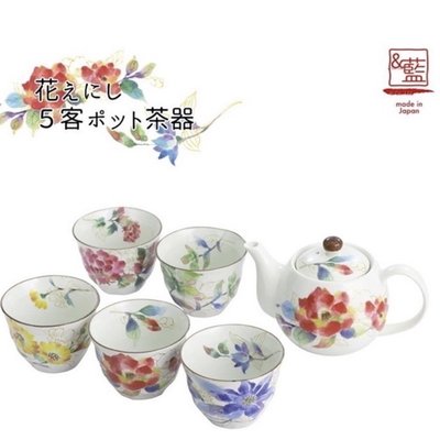 日本製 美濃燒 和藍 花系列 茶具組 一壺五杯