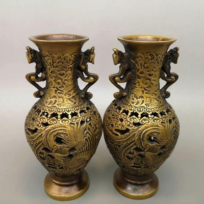 古玩雜項收藏銅花瓶擺件純銅龍鳳花瓶家居工藝品裝飾客廳禮品