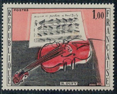 法國美術郵票--1965年紅色小提琴(原膠部份黃)