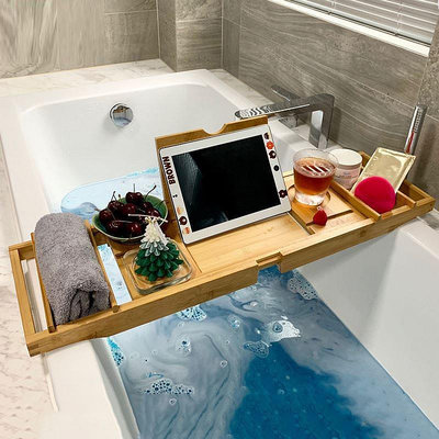 現貨 SPA浴桶ins放浴缸上的置物架電視木板泡澡便捷竹制防腐洗浴室洗漱