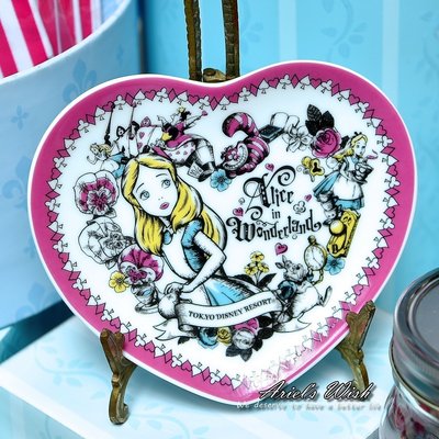 Ariel's Wish-日本東京迪士尼愛麗絲Alice桃紅條紋愛心皇后妙妙貓時鐘兔子下午茶點心心型盤子--日本製-現貨
