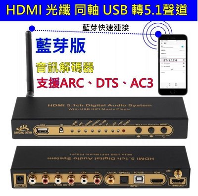 (擴大機的救星) 4K HDMI 光纖 同軸 HDMI 轉5.1聲道  藍芽版 全能解碼器 DTS  AC3 功能 耳機