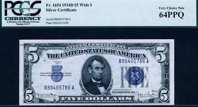 銀幣美國 1934年D版 5元 (銀幣券) PCGS 64 PPQ 冠字號碼印刷偏離！