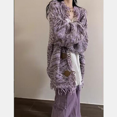紫色 流蘇 牛角扣 針織 開衫 女 秋季 小眾 復古 設計感 寬鬆 慵懶 毛衣 外套 潮（滿599元）
