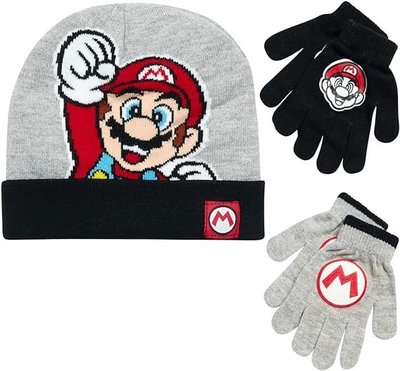 預購 美國帶回 Mario 超級瑪莉歐 可愛童款 毛帽+手套組合 冬季必備