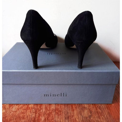 西班牙製造 法國品牌 Minelli 麂皮黑色高跟鞋 絨布 中低跟鞋 包鞋 晚宴鞋 頂級 真皮 圓頭高跟鞋 素面緞面