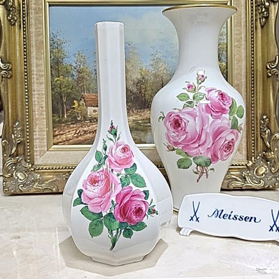 【二手】德國 Meissen梅森手繪多頭多面粉玫瑰八角花瓶: 古董 老貨 收藏 【古物流香】-692