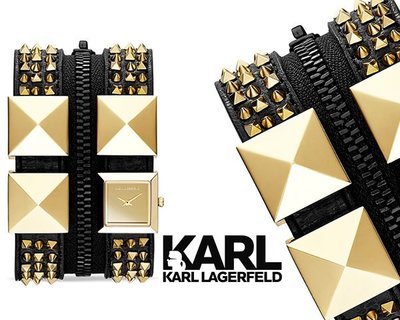 KARL LAGERFELD卡爾·拉格斐Karl Zip(黑金色)鉚釘限量款石英錶 手錶 ｜全新正品｜特價!