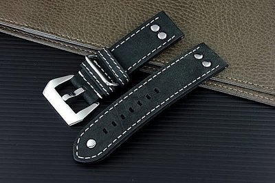 24mm 直身黑色真皮錶帶IWC的新衣banda德國軍錶vintage冒險風格鉚釘hamilton